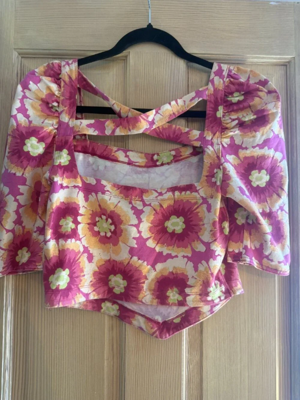 Free People Floral Puff Sleeve Corset Crop Top Pink Orange Size S